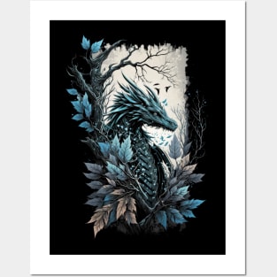 A Winter Dragon in Icey Leafy Frame Posters and Art